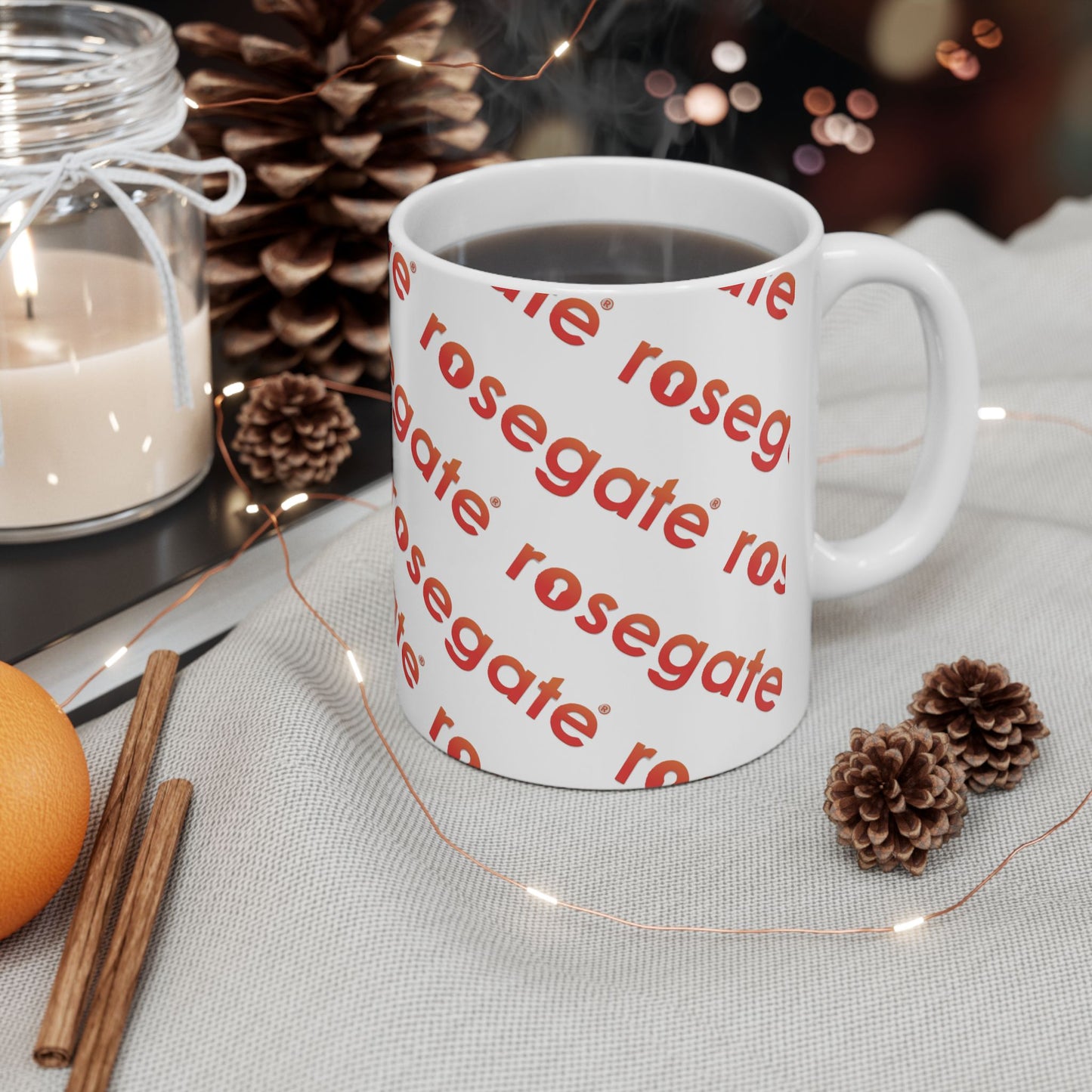 Rosegate Pattern Ceramic Mug — Repeating Logo Coffee Cup (11oz, 15oz)