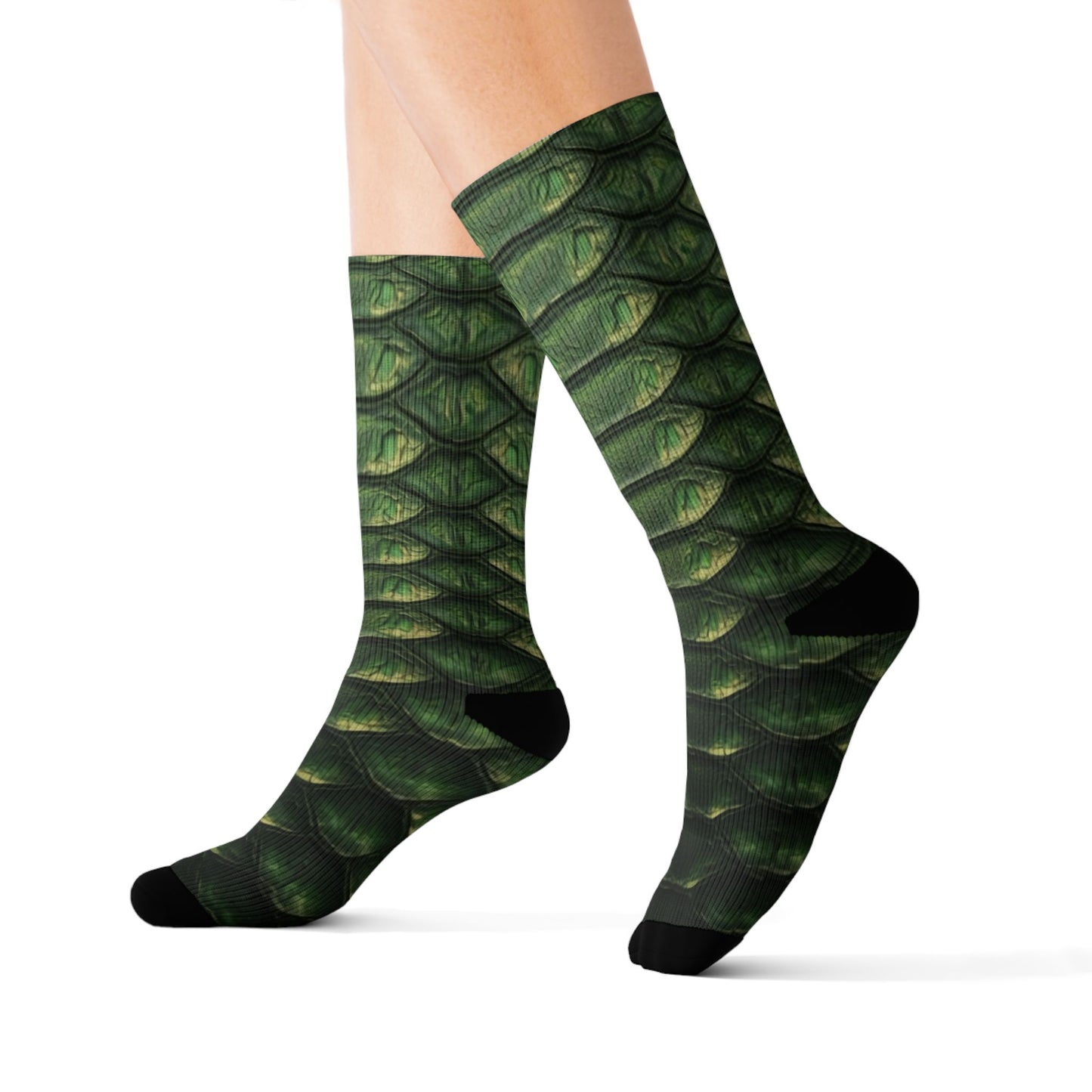 Snake Scale Sublimation Socks — Green Reptile Pattern Crew Socks