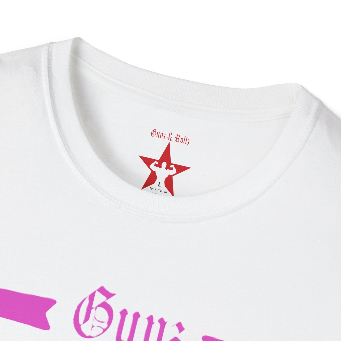 Gunz up front, Bunz in the rear Unisex Softstyle T-Shirt - Pink Graphic Tee for Fitness Enthusiasts