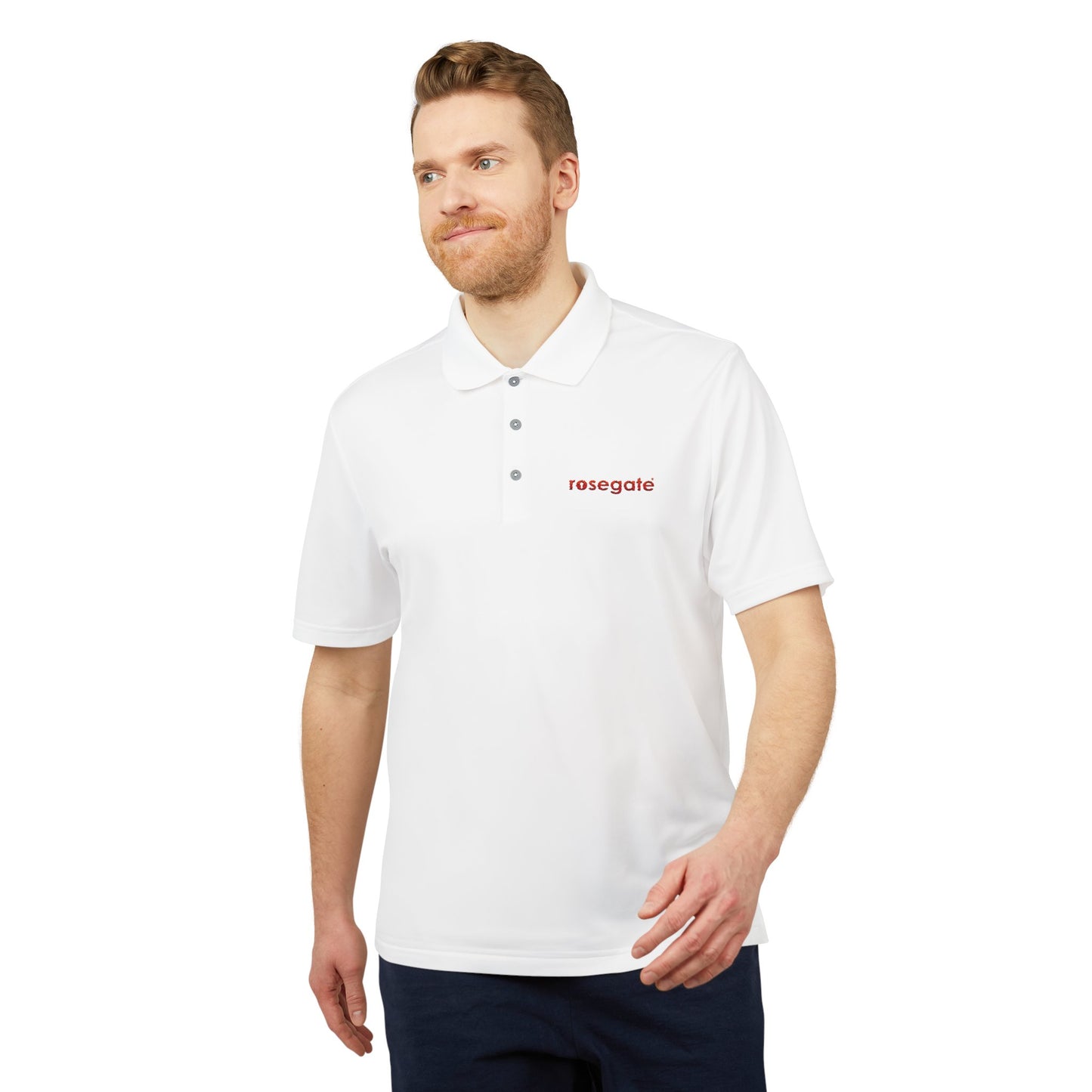 Rosegate Minimalist White Performance Polo — Embroidered Logo Golf & Work Shirt