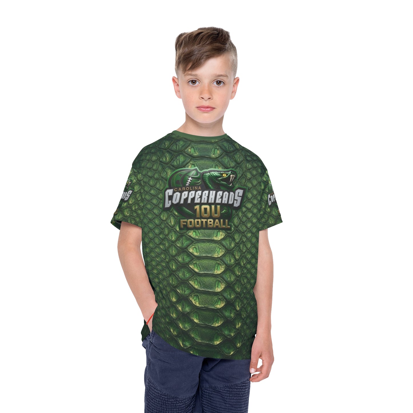 Kids Football Jersey — 'Carolina Copperheads' Green Snake-Scale All-Over Print (Fangs Out)