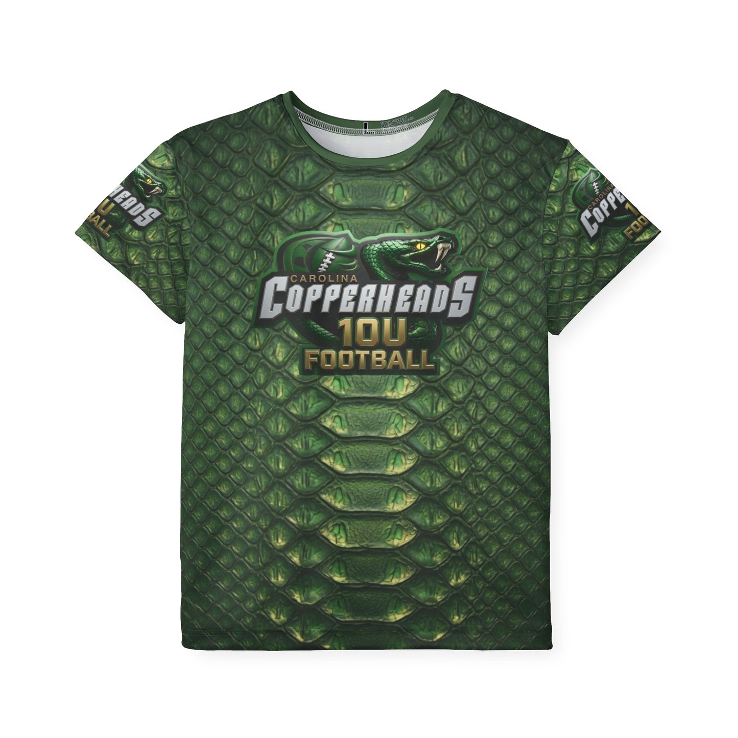 Kids Football Jersey — 'Carolina Copperheads' Green Snake-Scale All-Over Print (Fangs Out)