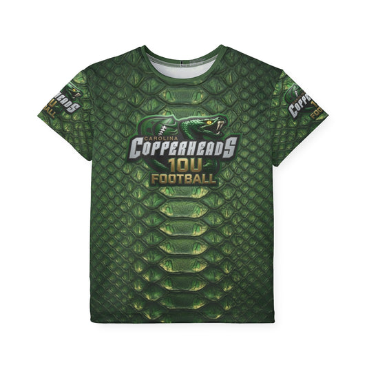 Kids Football Jersey — 'Carolina Copperheads' Green Snake-Scale All-Over Print (Fangs Out)