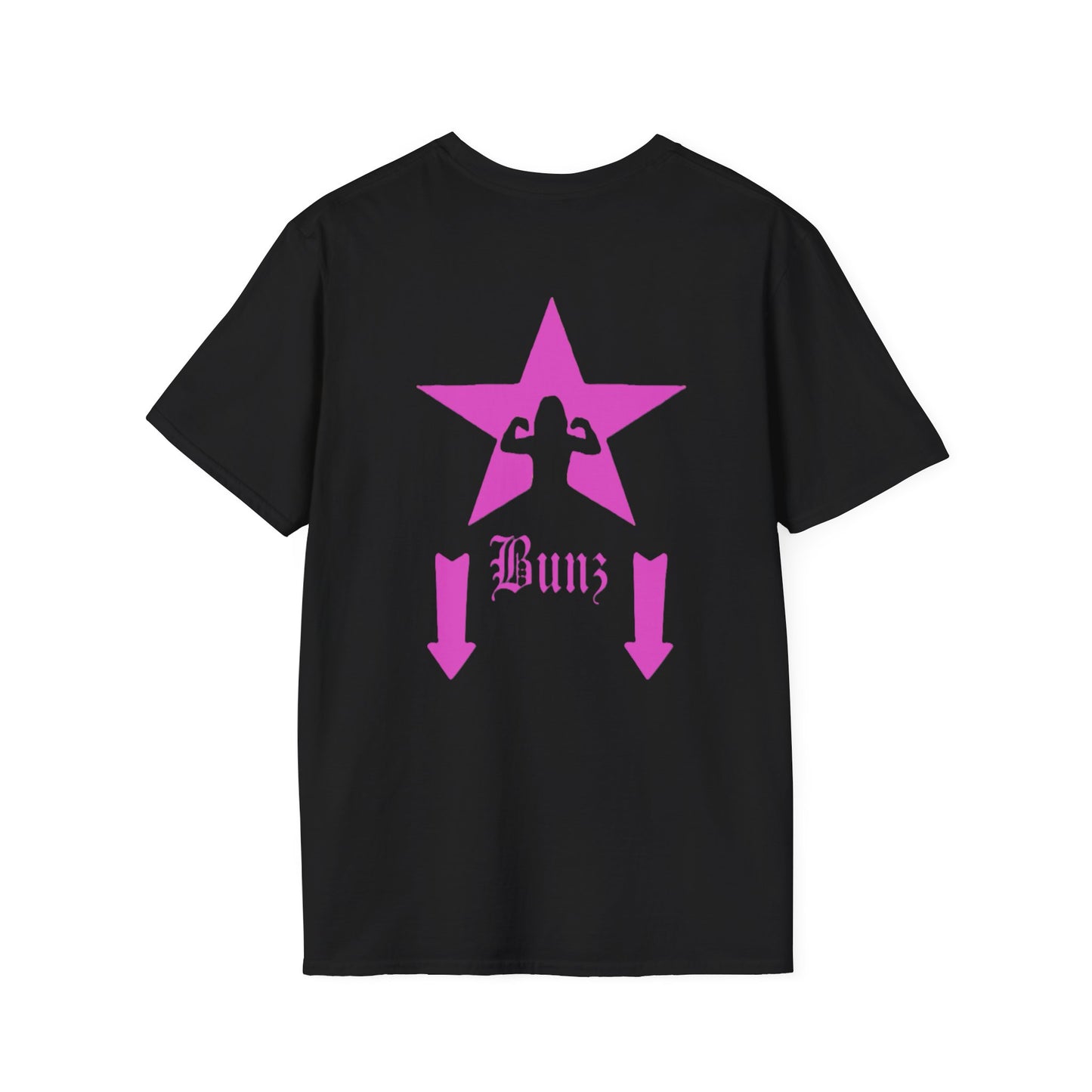 Gunz up front, Bunz in the rear Unisex Softstyle T-Shirt - Pink Graphic Tee for Fitness Enthusiasts