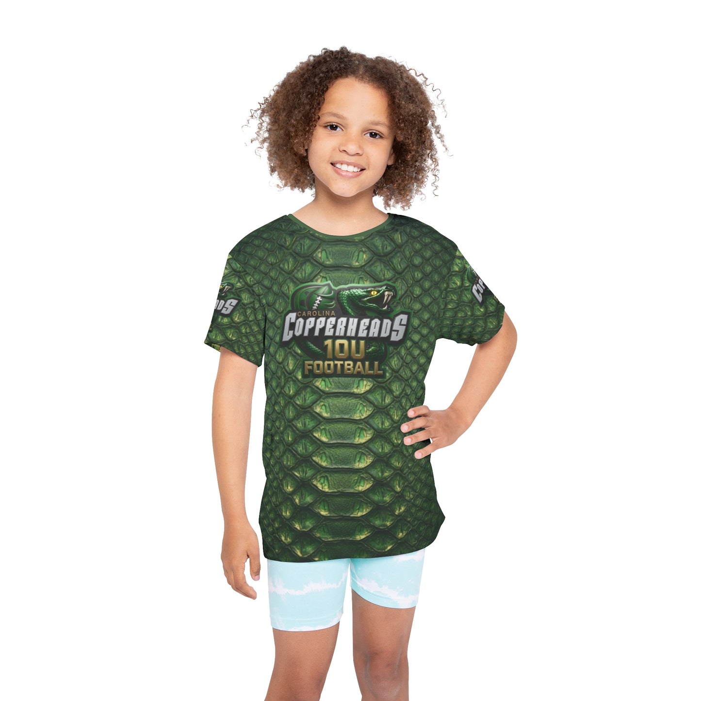 Kids Football Jersey — 'Carolina Copperheads' Green Snake-Scale All-Over Print (Fangs Out)
