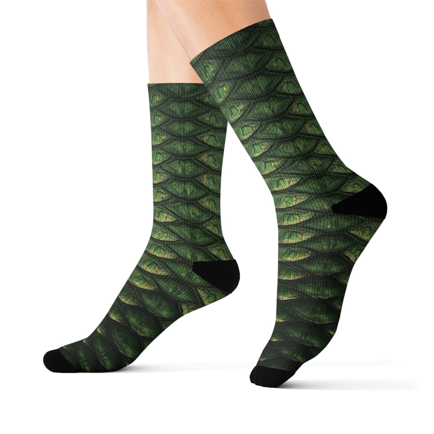 Snake Scale Sublimation Socks — Green Reptile Pattern Crew Socks
