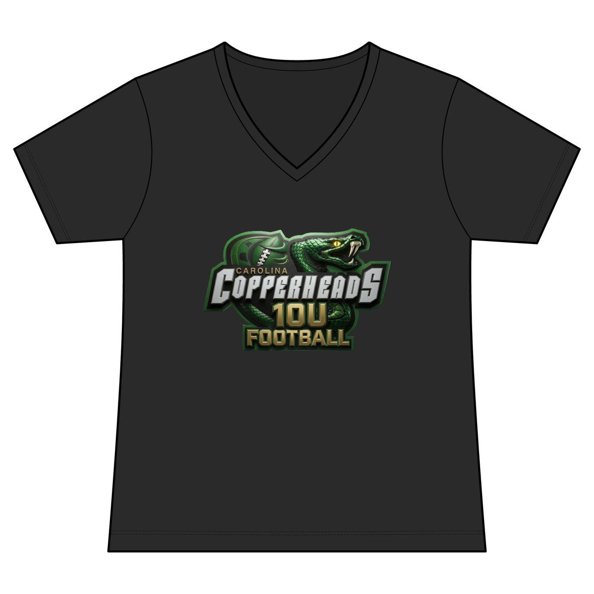 Copperheads Youth Football Team Mom V-Neck Tee — “Fangs Out” Front Logo