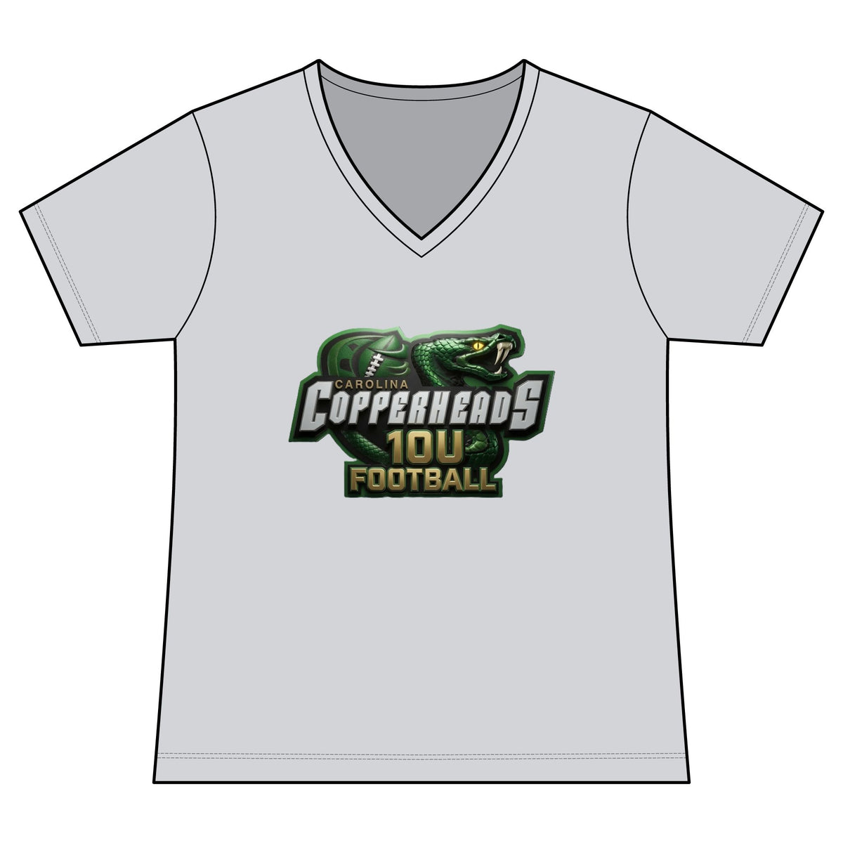 Copperheads Youth Football Team Mom V-Neck Tee — “Fangs Out” Front Logo