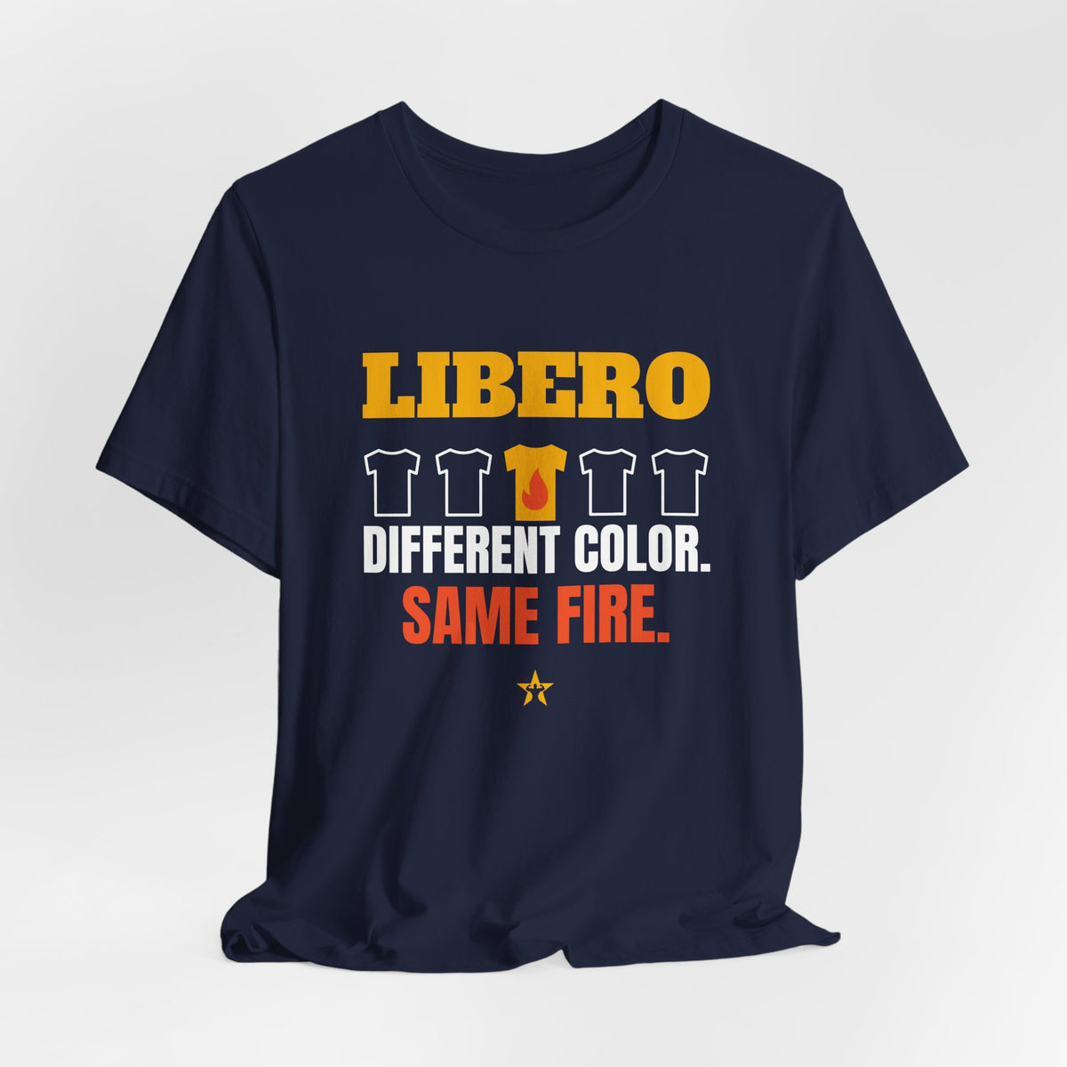 Libero: Different Color, Same Fire Volleyball t-shirt in Navy, hanging view