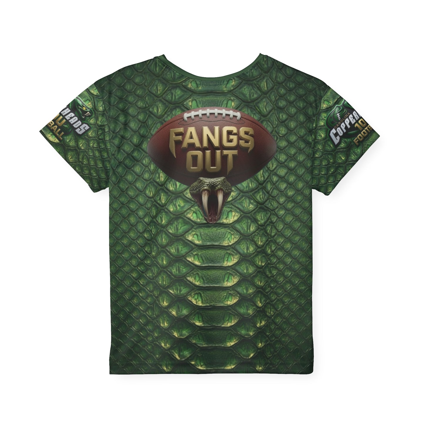 Kids Football Jersey — 'Carolina Copperheads' Green Snake-Scale All-Over Print (Fangs Out)