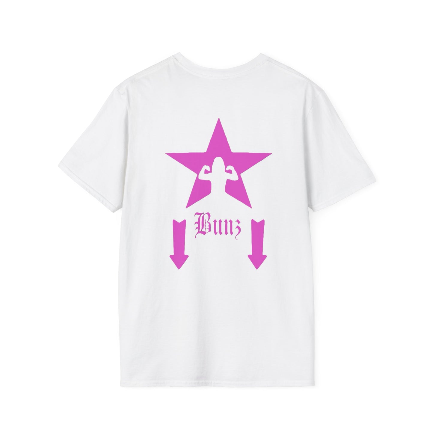 Gunz up front, Bunz in the rear Unisex Softstyle T-Shirt - Pink Graphic Tee for Fitness Enthusiasts