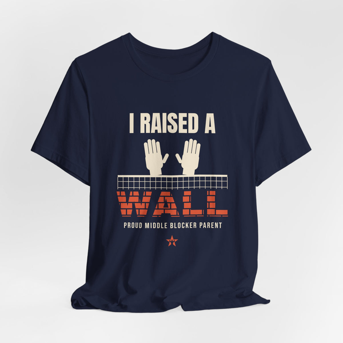 I Raised a Wall Volleyball t-shirt in Navy, hanging view