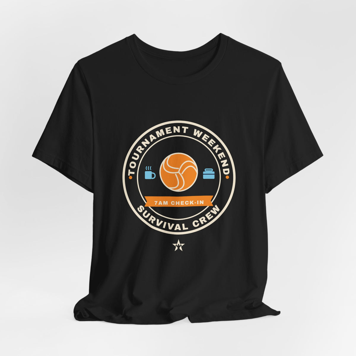Tournament Weekend Survival Crew Volleyball t-shirt in Black, hanging view