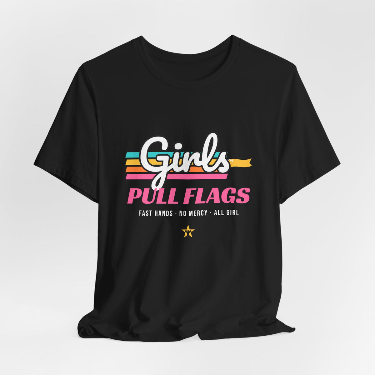 Girls Pull Flags Football t-shirt in Black, hanging view