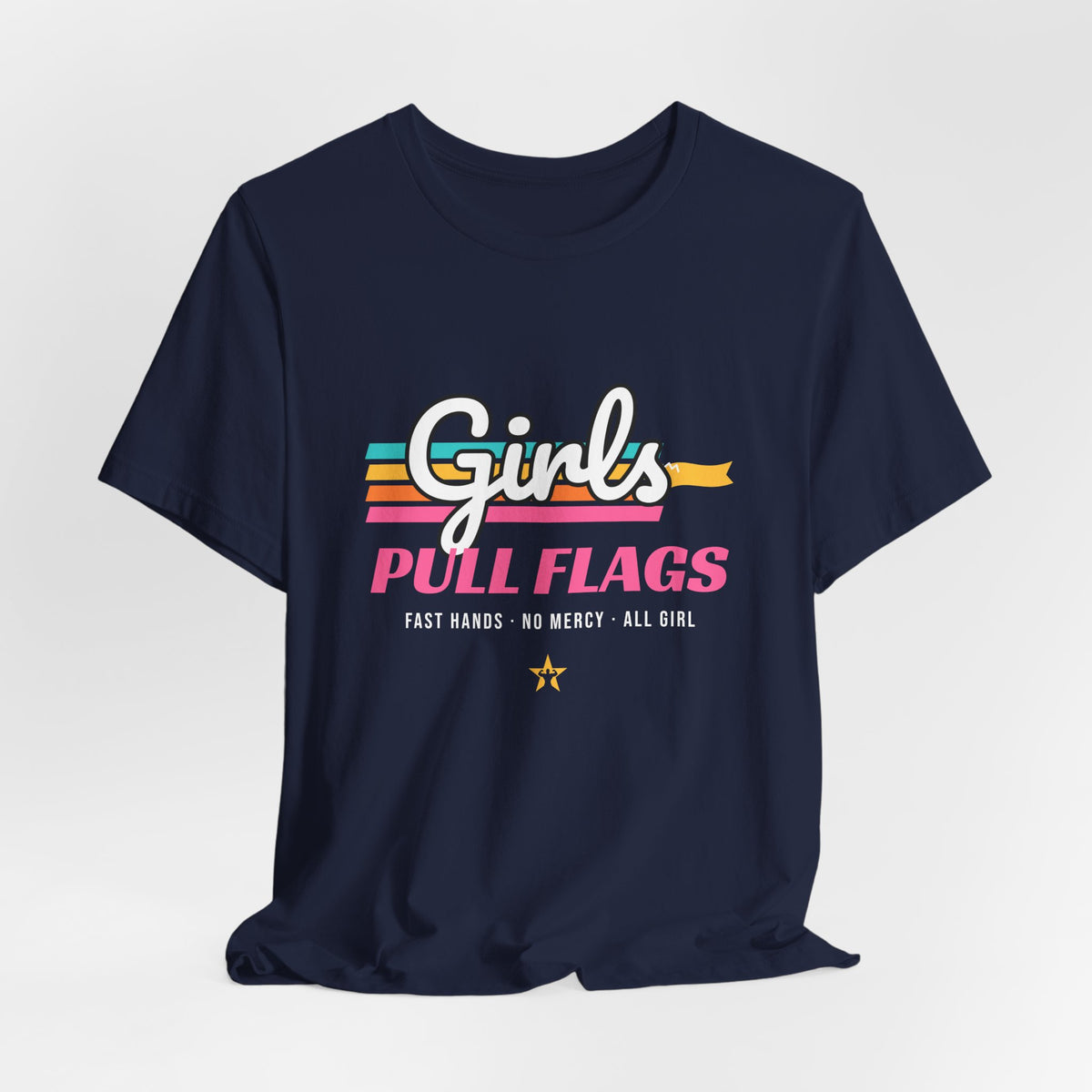 Girls Pull Flags Football t-shirt in Navy, hanging view