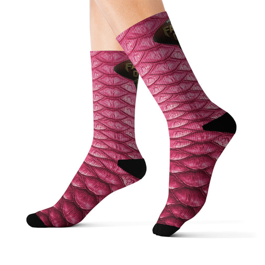 Pink out Snake Scale Sublimation Socks — Green Reptile Pattern Crew Socks