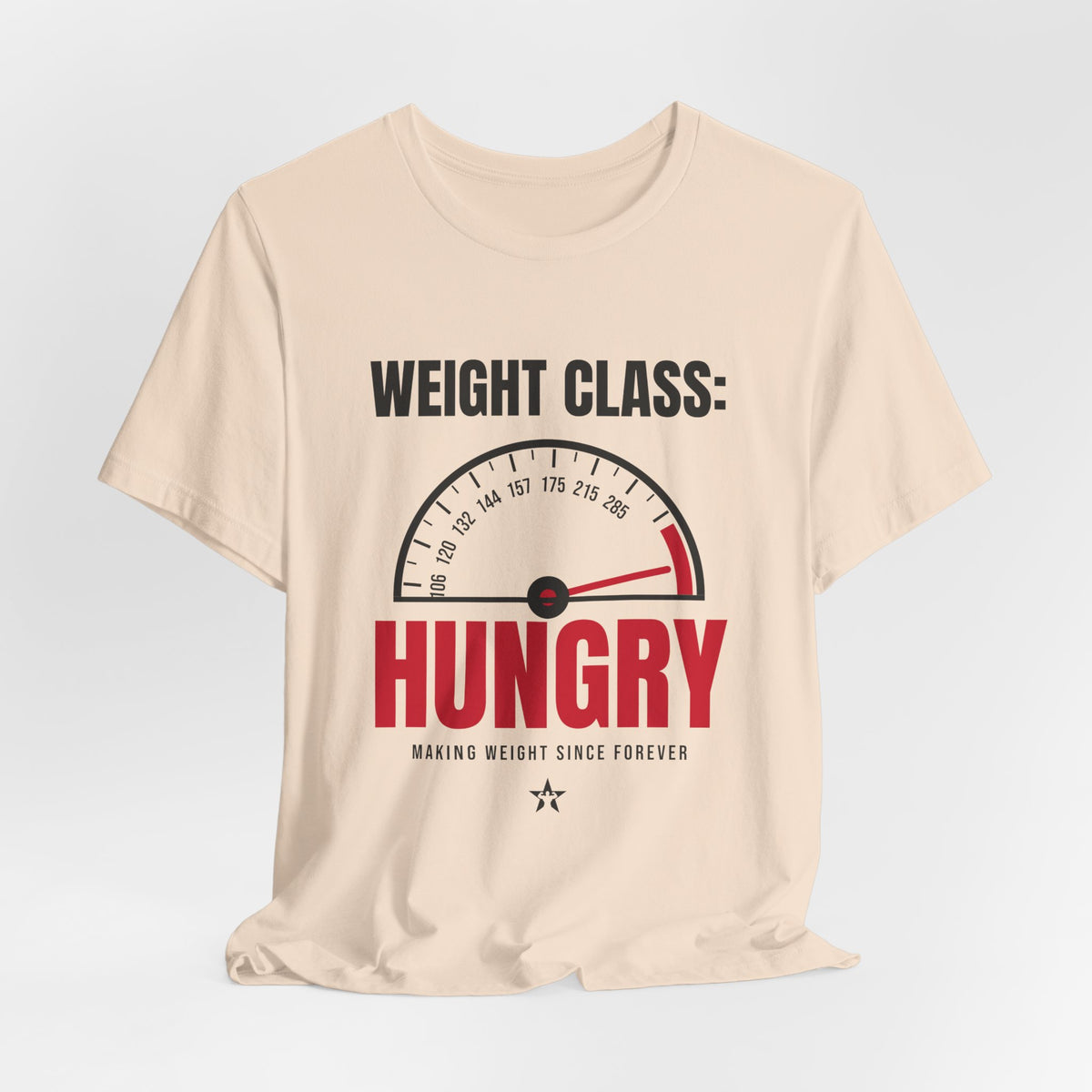 Weight Class: Hungry Wrestling t-shirt in Soft Cream, hanging view