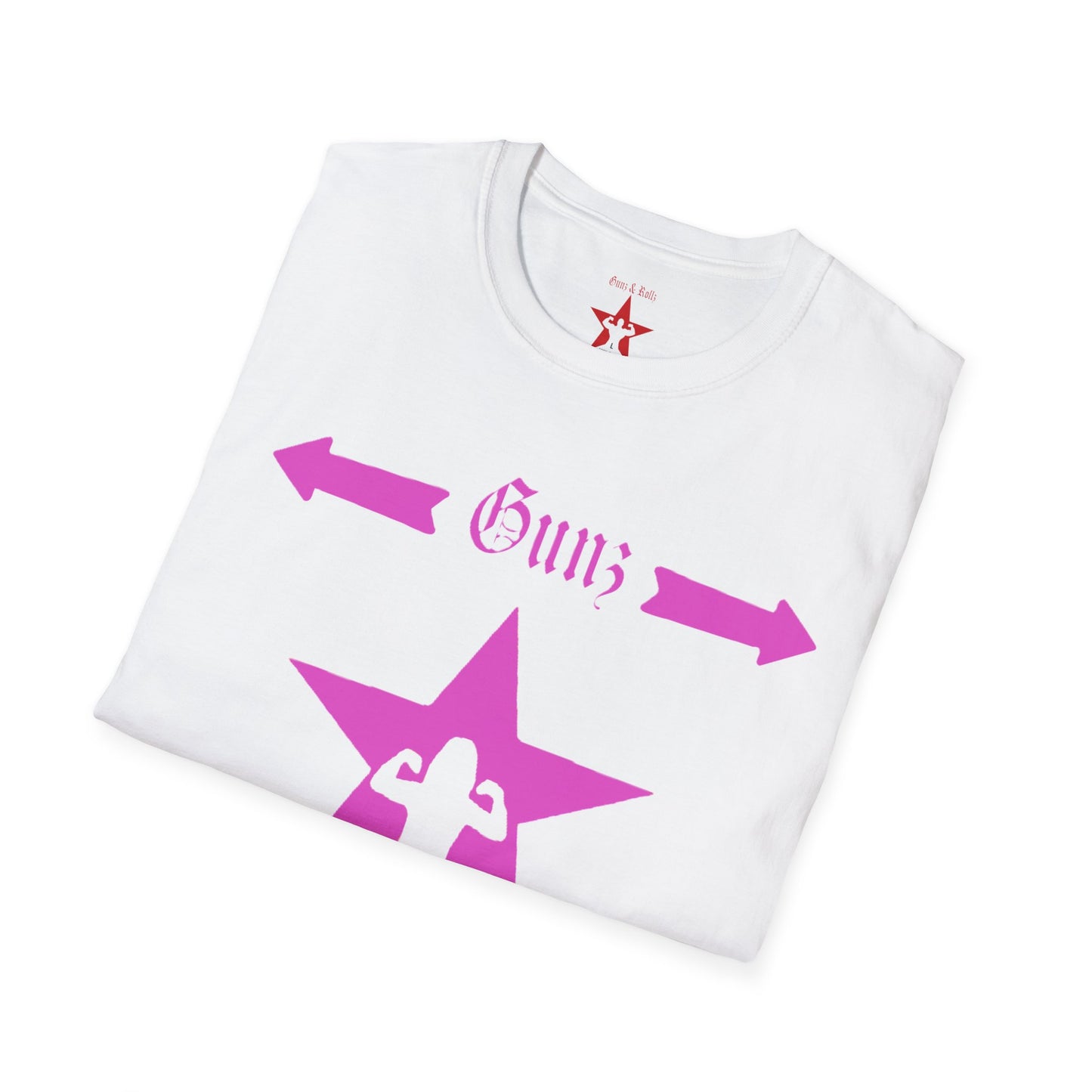 Gunz up front, Bunz in the rear Unisex Softstyle T-Shirt - Pink Graphic Tee for Fitness Enthusiasts