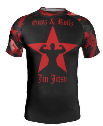 Red men's ranked camo rash guard with star logo, front view