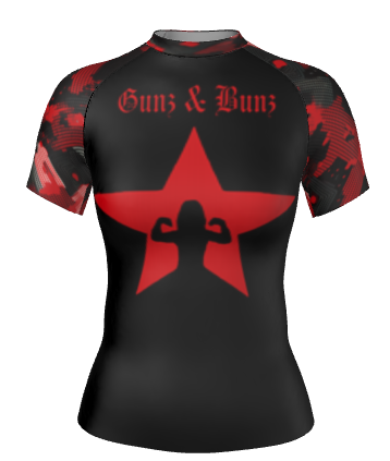 Red women's ranked camo rash guard with star logo, front view