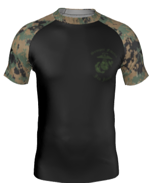 Black Marine Corps camo jiu jitsu rash guard, front view