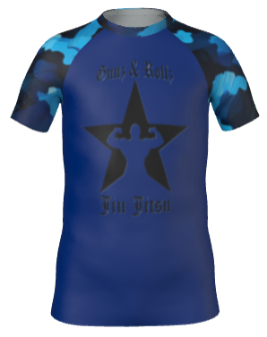 Blue Gunz & Rollz kids' ranked camo rash guard with star logo, blue body with blue camo sleeves, front view