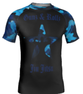 Blue men's ranked camo rash guard with star logo, front view