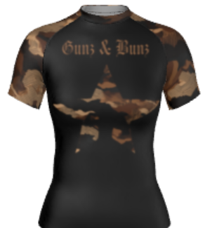 Brown women's ranked camo rash guard with star logo, front view