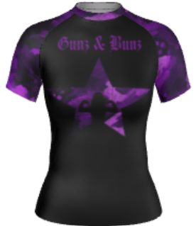 Purple women's ranked camo rash guard with star logo, front view