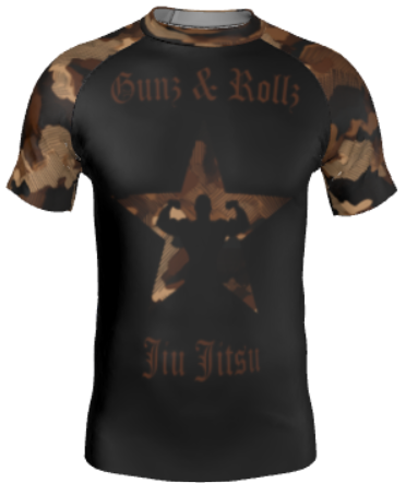 Brown men's ranked camo rash guard with star logo, front view