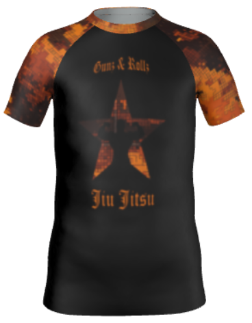 Orange Gunz & Rollz kids' ranked camo rash guard with star logo, black body with orange camo sleeves, front view