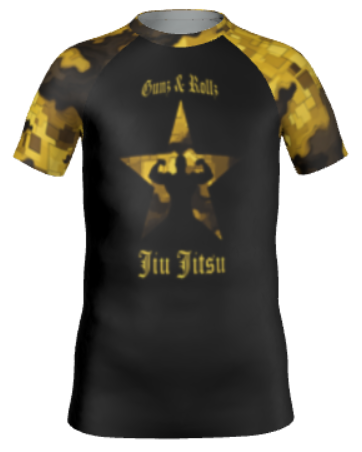 Yellow Gunz & Rollz kids' ranked camo rash guard with star logo, black body with yellow camo sleeves, front view