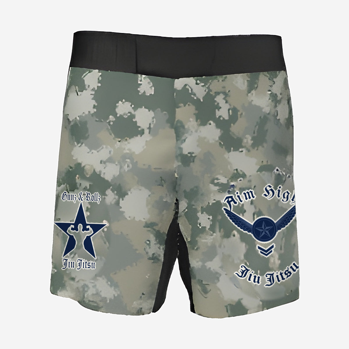 Air Force camo jiu jitsu shorts, front view