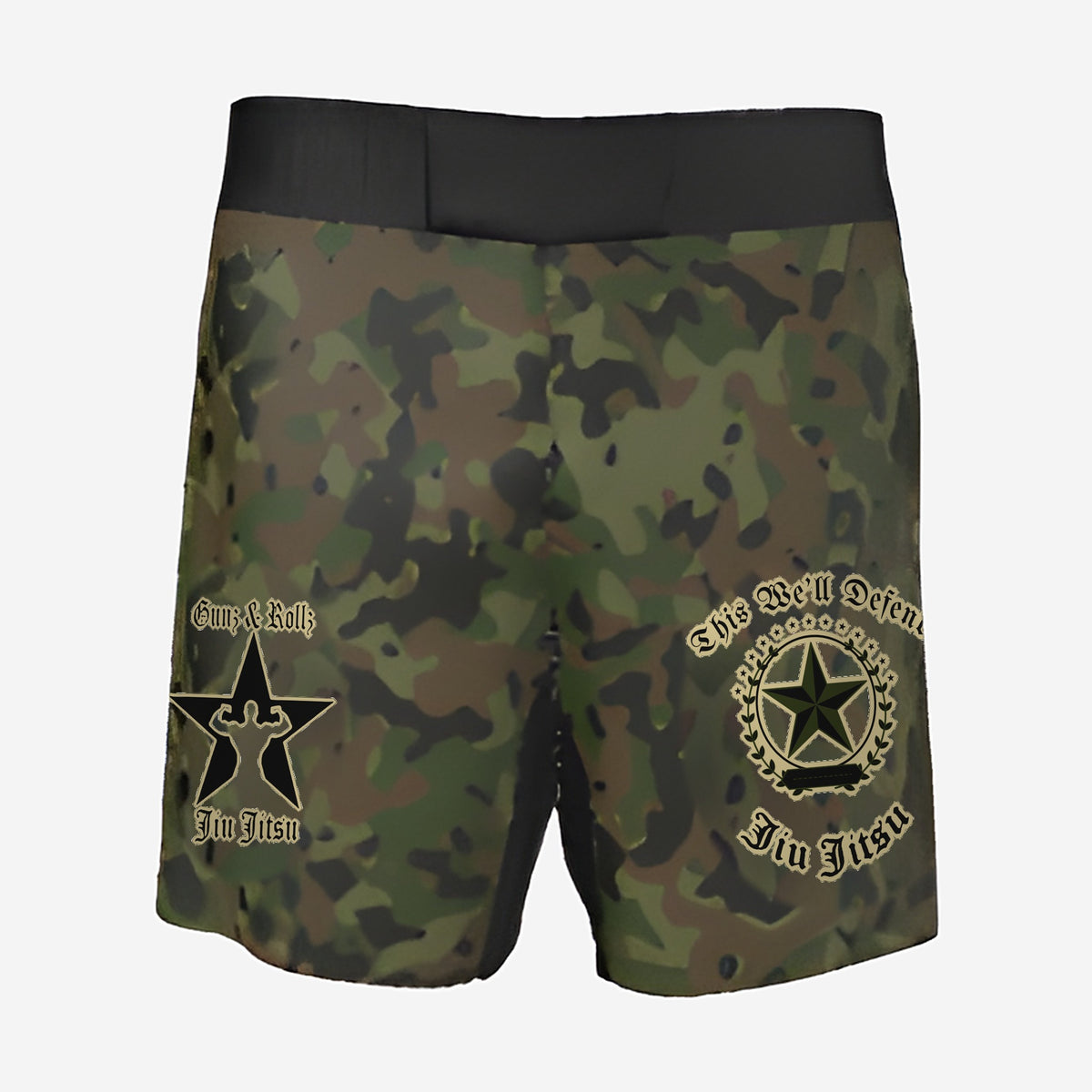 Army camo jiu jitsu shorts, front view