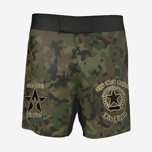 Army camo jiu jitsu shorts, front view