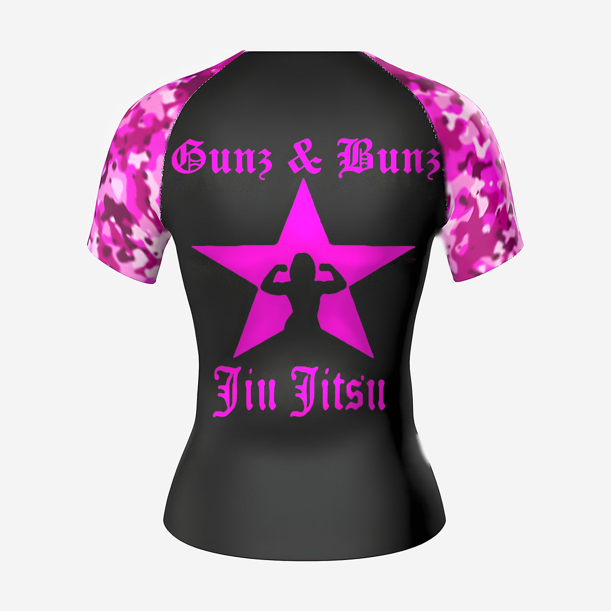 Gunz & Bunz women's pink camo BJJ rash guard, back view with large pink Gunz & Bunz Jiu Jitsu star logo