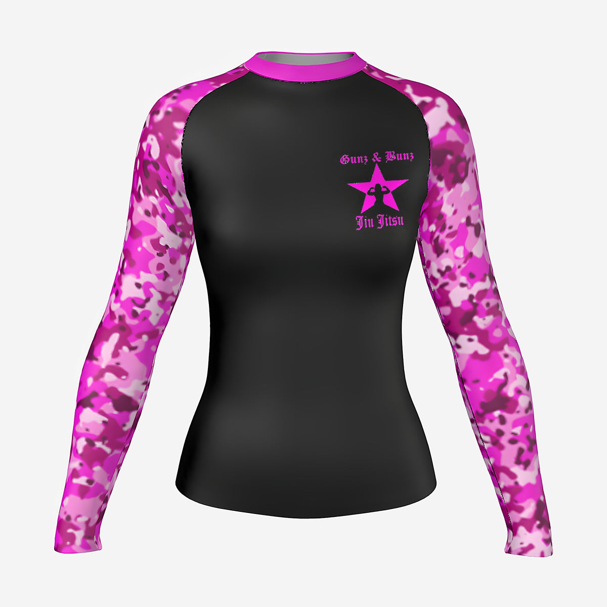 Gunz & Bunz women's pink camo BJJ rash guard, long sleeve, black body with pink camo sleeves, front view