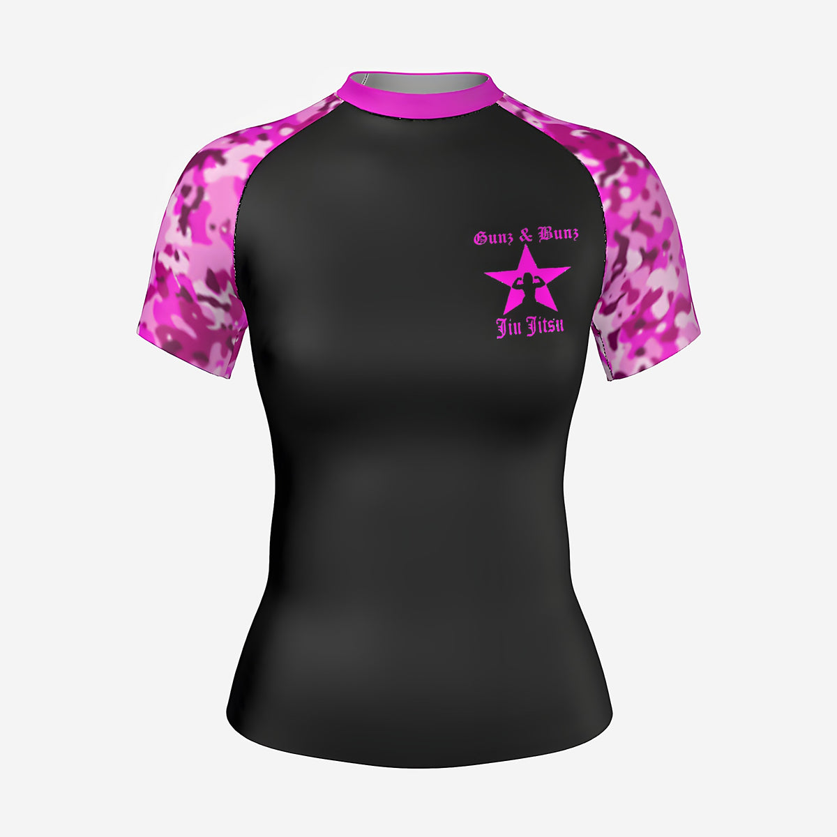 Gunz & Bunz women's pink camo BJJ rash guard, short sleeve, black body with pink camo sleeves, front view