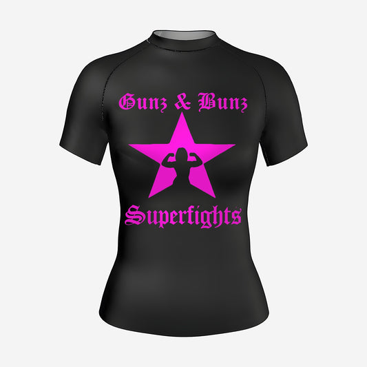 Gunz & Bunz Superfights women's BJJ rash guard, Black Corner, short sleeve, black with pink star logo, front view