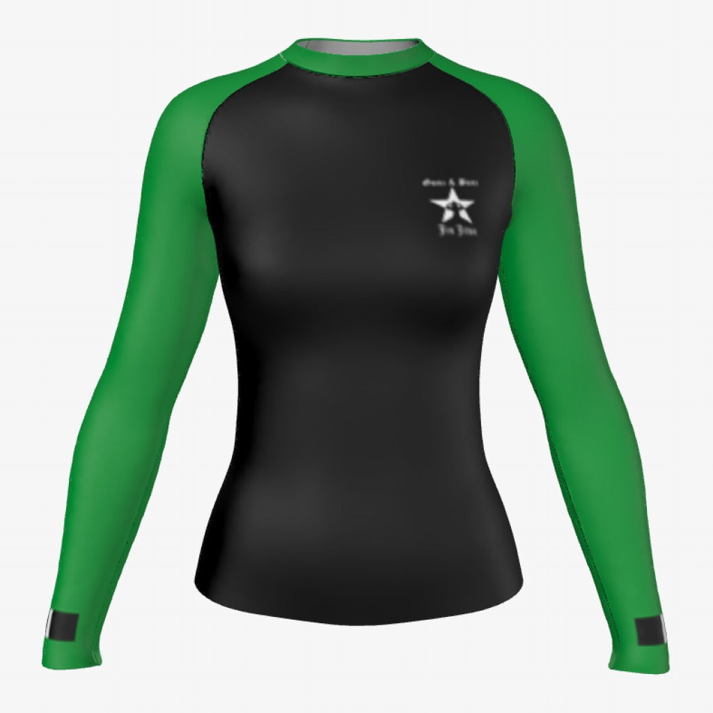 Green belt Gunz & Bunz women's ranked rash guard, long sleeve, black body with green sleeves, front view