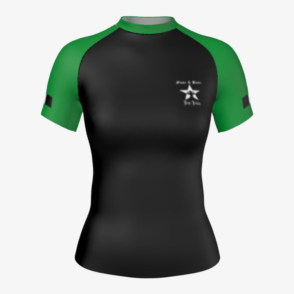 Green belt Gunz & Bunz women's ranked rash guard, short sleeve, black body with green sleeves, front view