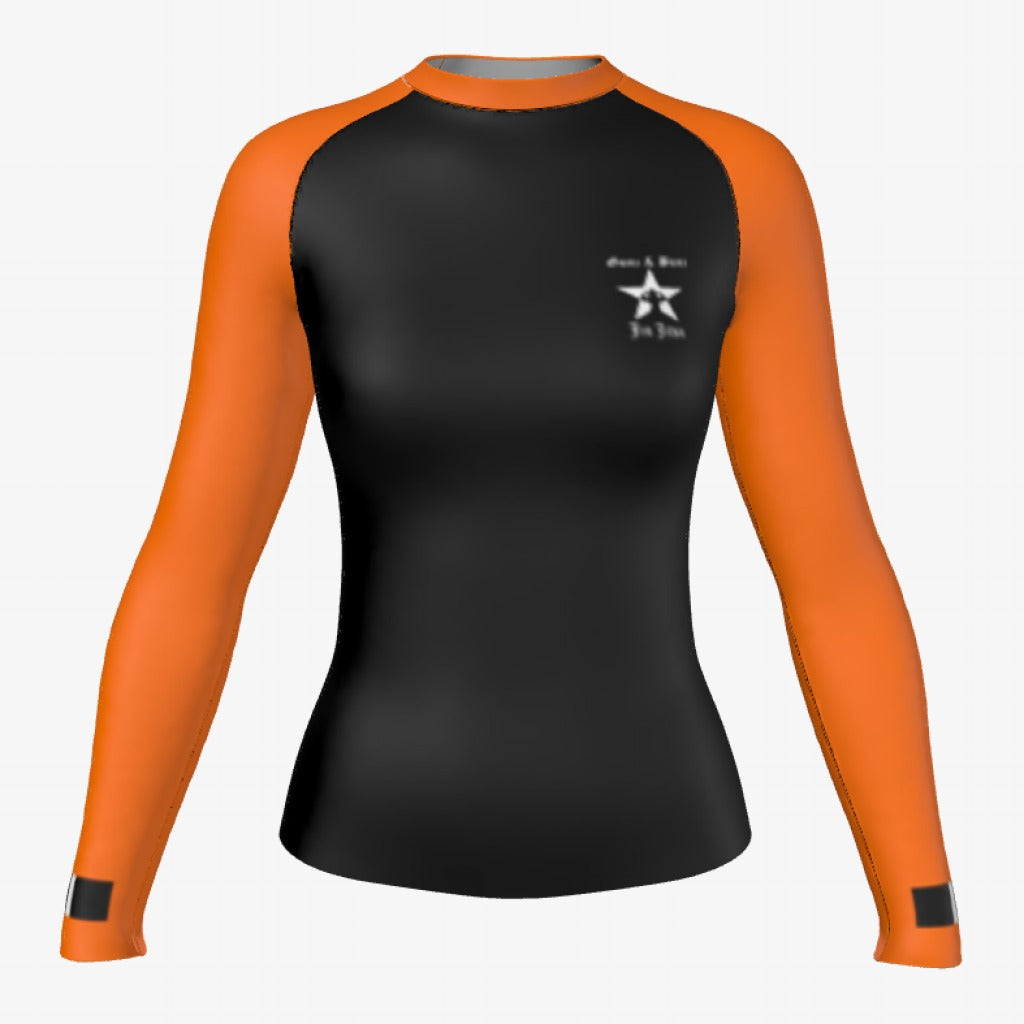 Orange belt Gunz & Bunz women's ranked rash guard, long sleeve, black body with orange sleeves, front view