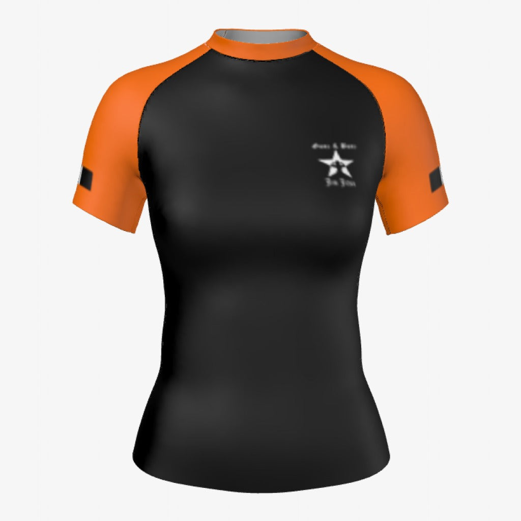 Orange belt Gunz & Bunz women's ranked rash guard, short sleeve, black body with orange sleeves, front view