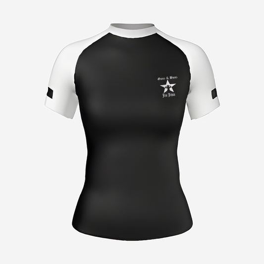 White belt Gunz & Bunz women's ranked rash guard, short sleeve, black body with white sleeves, front view