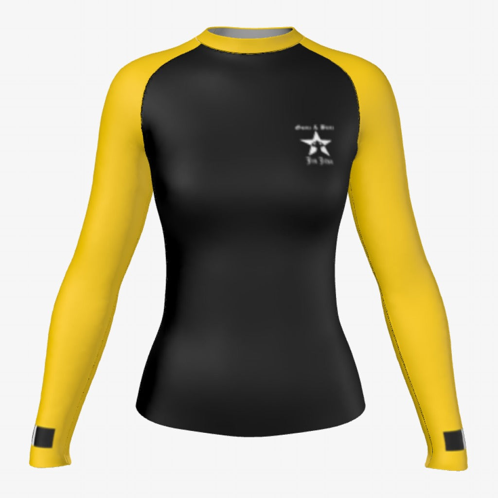 Yellow belt Gunz & Bunz women's ranked rash guard, long sleeve, black body with yellow sleeves, front view