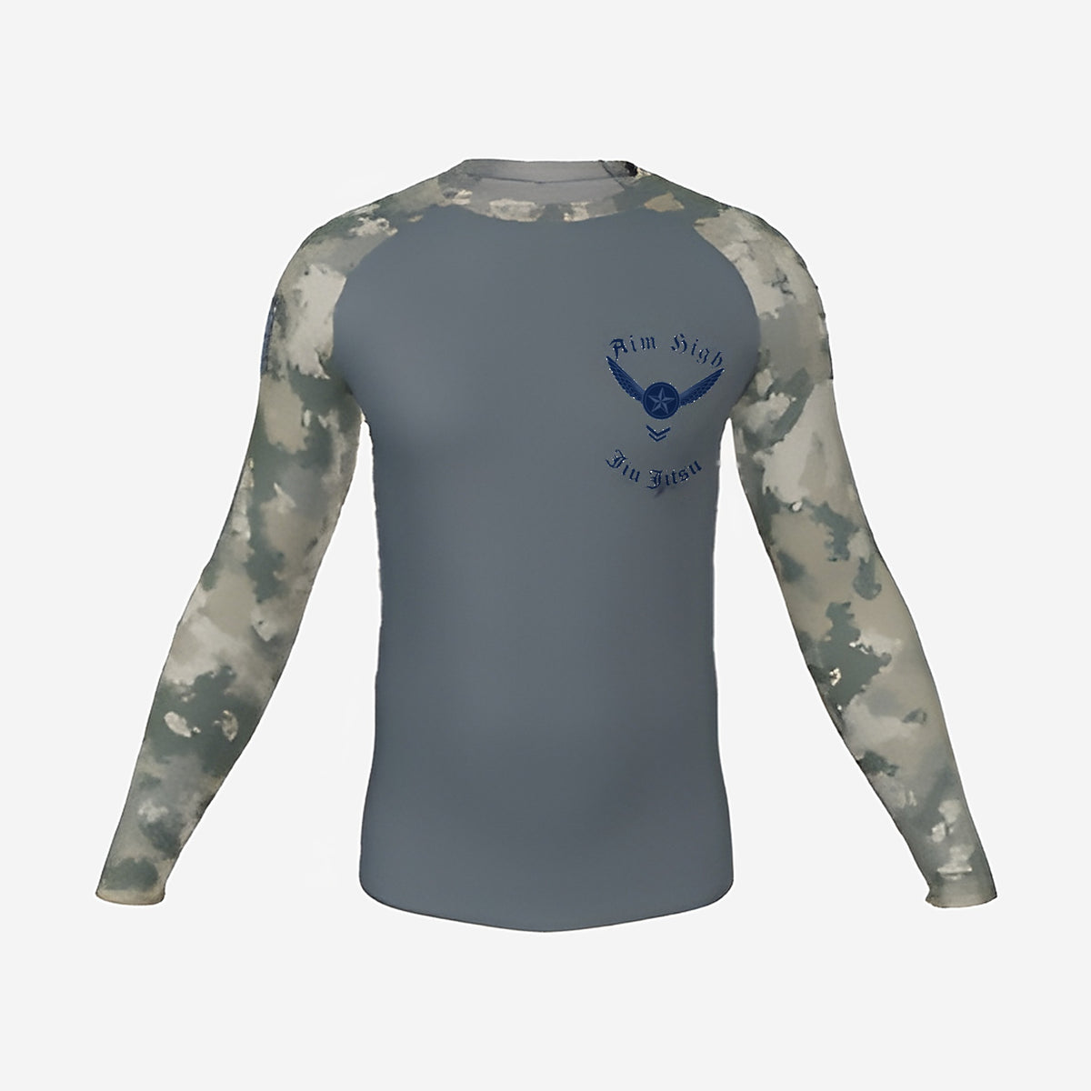 Air Force camo jiu jitsu rash guard, long sleeve, slate gray body with digital camo sleeves, front view