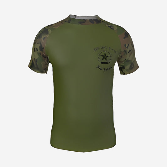 Army camo jiu jitsu rash guard, short sleeve, olive green body with woodland camo sleeves, front view