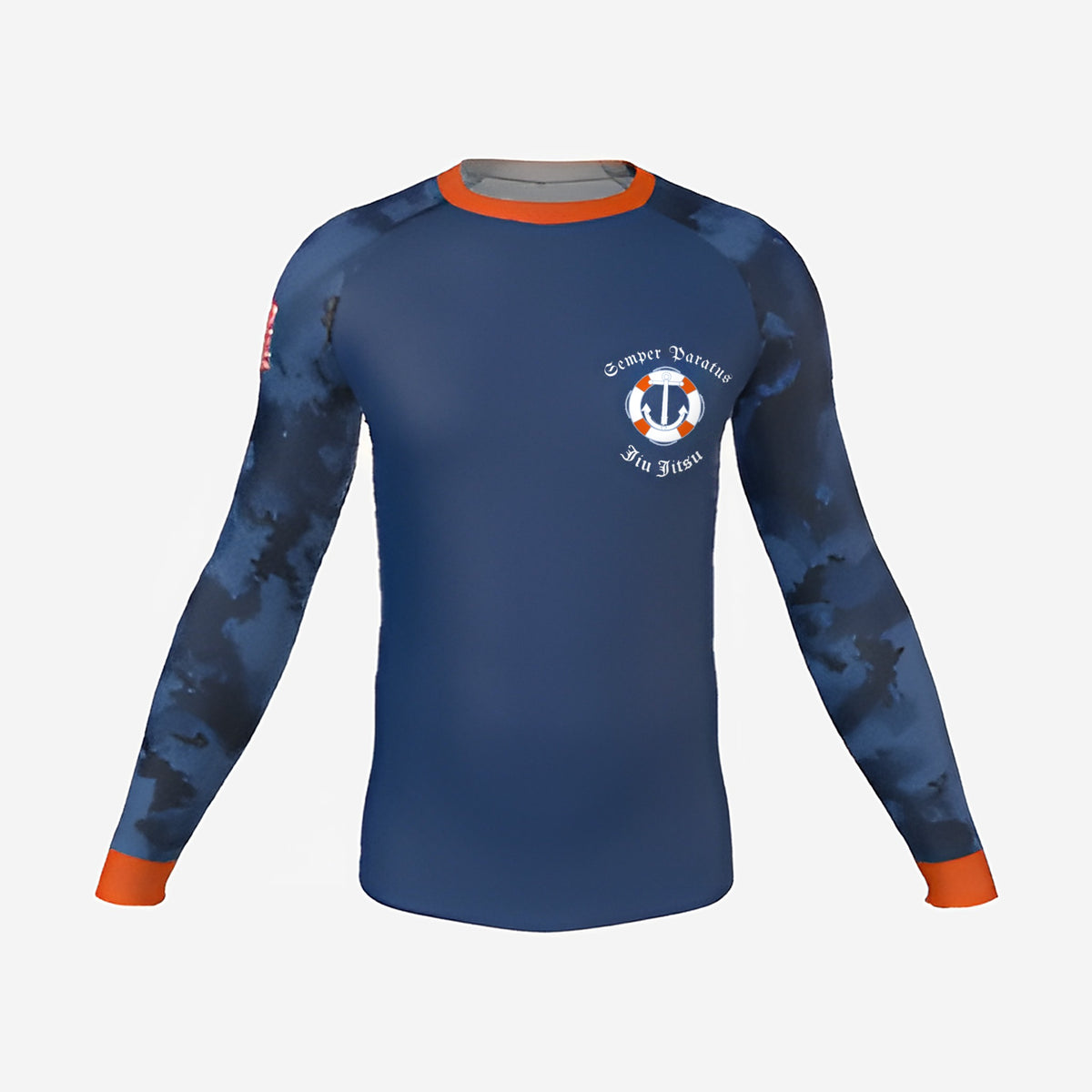 Coast Guard camo jiu jitsu rash guard, long sleeve, blue body with blue camo sleeves and orange collar and cuffs, front view