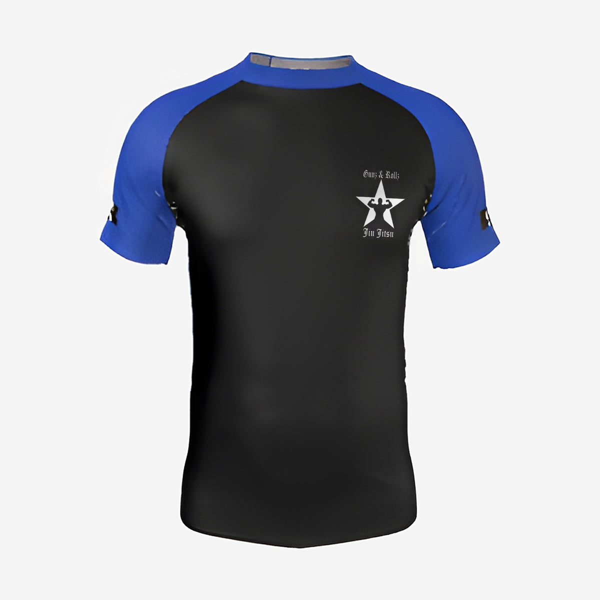 Blue belt Gunz & Rollz men's ranked rash guard, short sleeve, black body with blue sleeves, front view