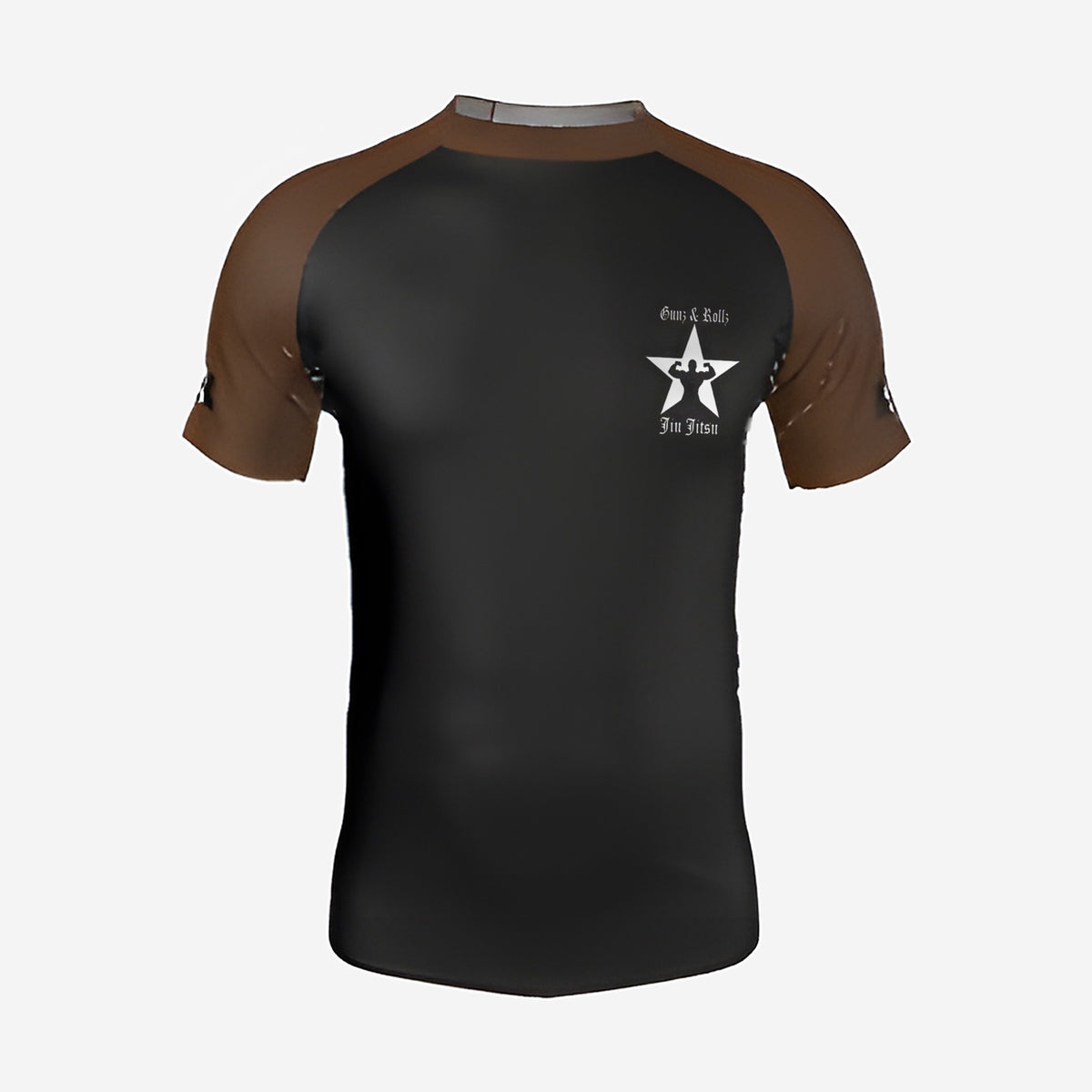 Brown belt Gunz & Rollz men's ranked rash guard, short sleeve, black body with brown sleeves, front view